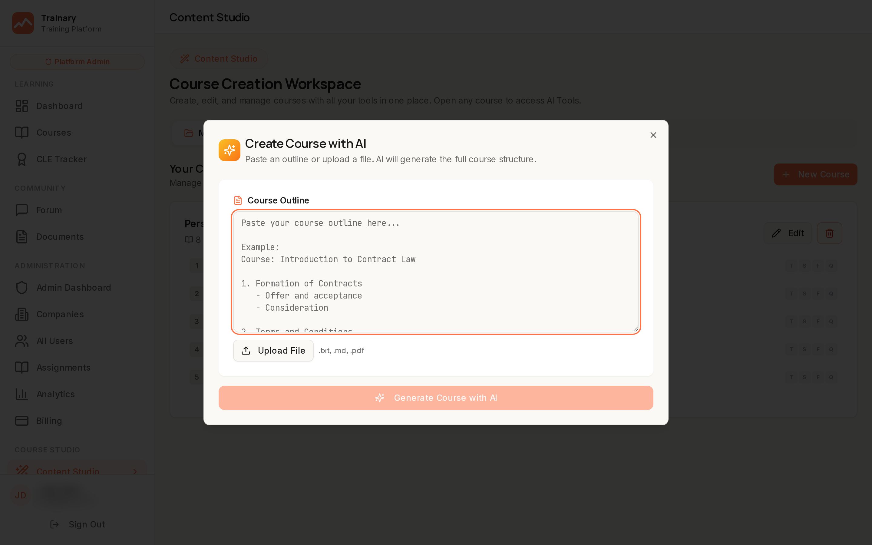 AI course creation dialog: paste an outline or upload a document and AI generates the full course structure