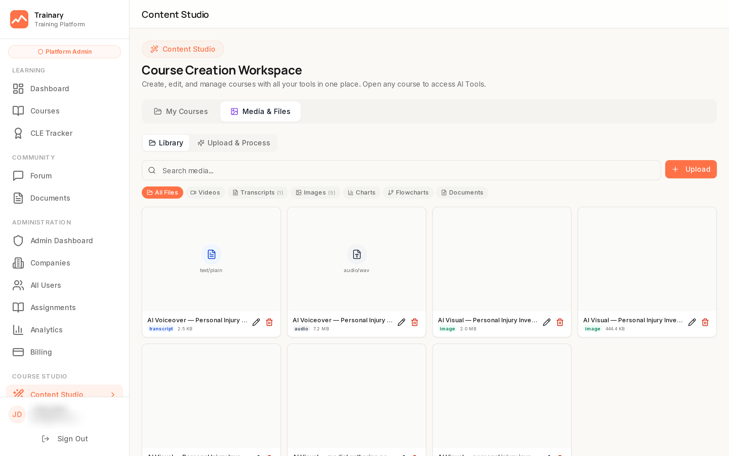 AI Content Studio tools panel showing text-to-training, AI visuals, AI video, AI voiceover generators