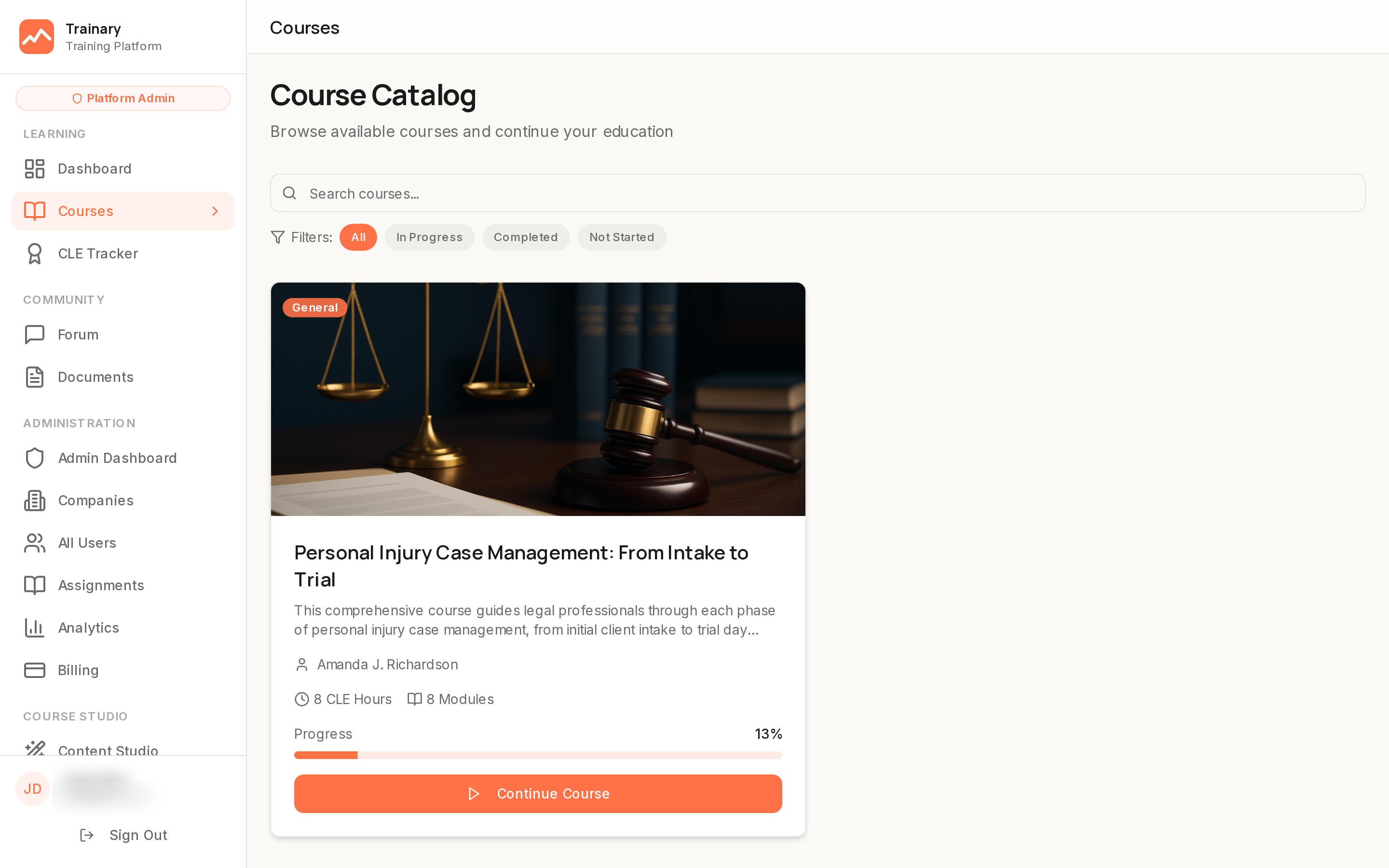 Course catalog showing available courses with thumbnails, progress bars, filters, and search